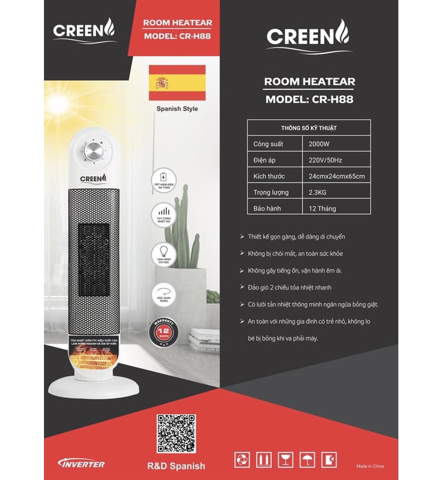 Quạt sưởi gốm Ceramic Inverter Creen CR-H88 2000W New 2021 