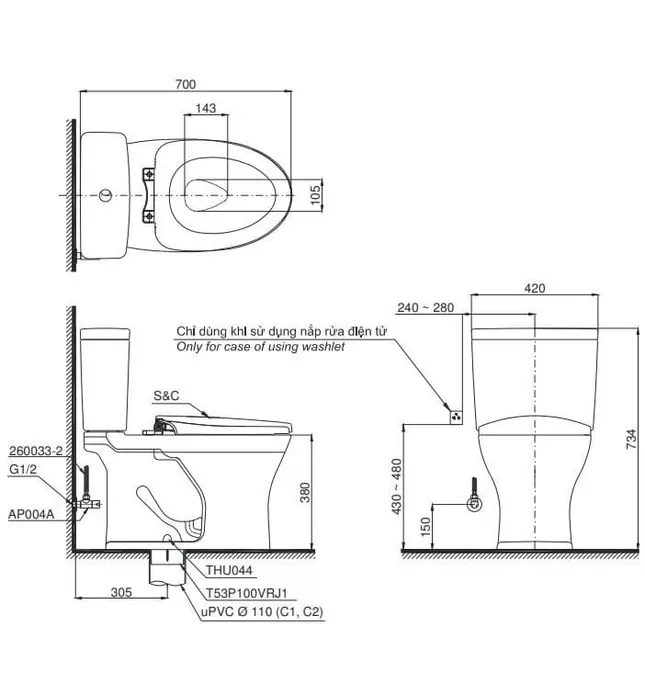 Bồn cầu 2 khối nắp điện tử TOTO CS735DW14#XW