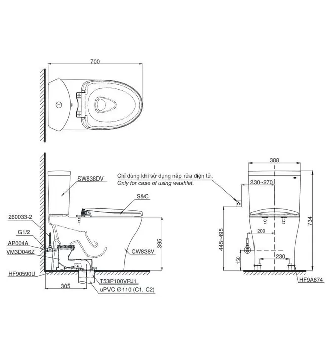 Bồn cầu 2 khối nắp điện tử TOTO CS838DW14