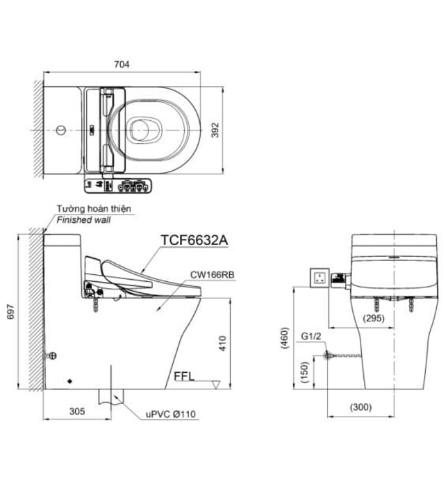 Bồn cầu 1 khối nắp điện tử TOTO CW166RB/TCF6632A/T53P100VR
