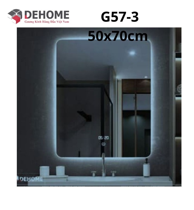 Gương led hình chữ nhật nguồn cảm ứng đồng hồ đơn nhiệt độ 50x70cm Dehome G57-3