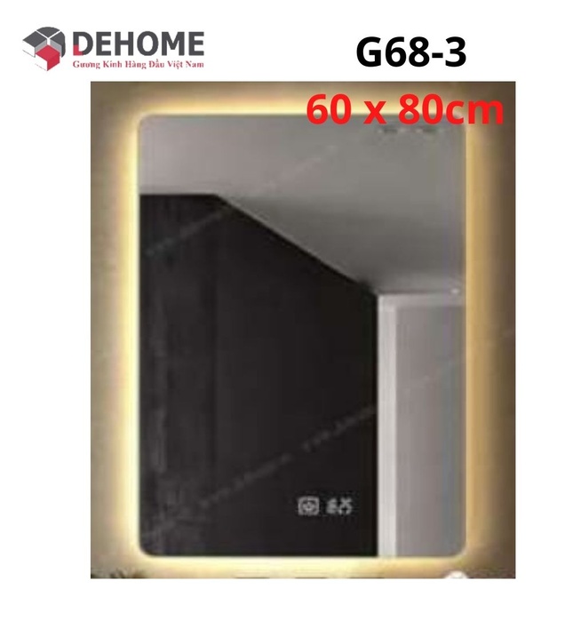 Gương led nguồn cảm ứng đồng hồ đơn nhiệt độ 60x80cm Dehome G68-3