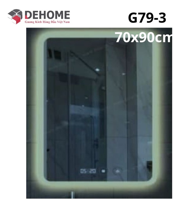 Gương led nguồn cảm ứng đồng hồ đơn nhiệt độ 70x90cm Dehome G79-3