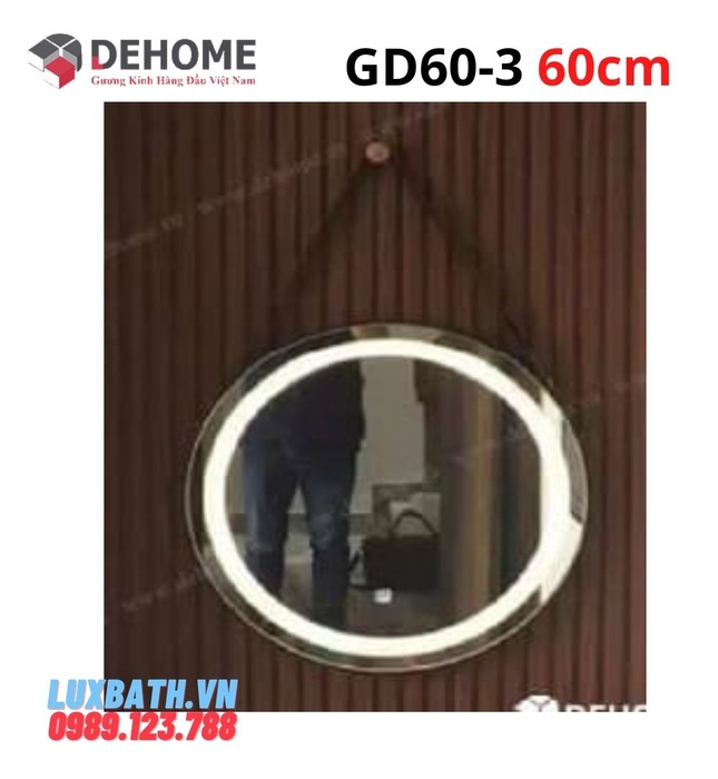 Gương đèn led nguồn cảm ứng dây da hình tròn 60cm Dehome GD60-3