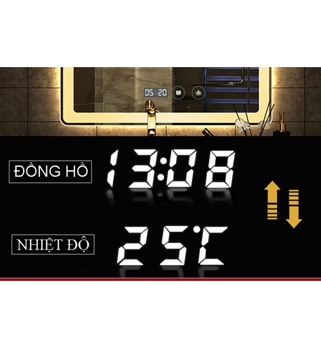 Gương đèn led nguồn cảm ứng đồng hồ đơn nhiệt độ dây 70cm Dehome GD70-4