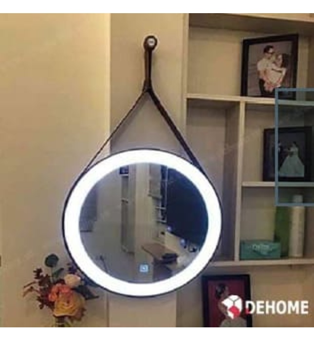Gương đèn led nguồn cảm ứng dây da hình tròn 80cm Dehome GD80-3