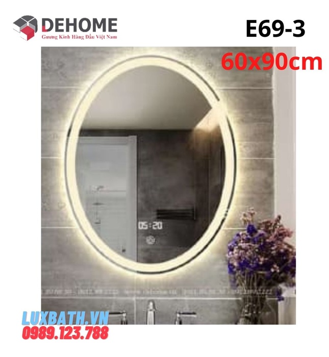 Gương led nguồn cảm ứng đồng hồ đơn nhiệt độ hình elip 60x90cm Dehome E69-3