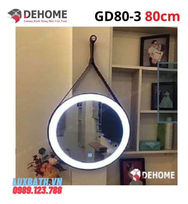 Gương đèn led nguồn cảm ứng dây da hình tròn 80cm Dehome GD80-3