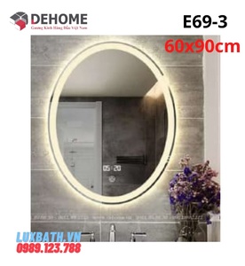 Gương led nguồn cảm ứng đồng hồ đơn nhiệt độ hình elip 60x90cm Dehome E69-3