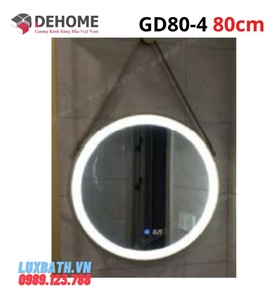 Gương đèn led nguồn cảm ứng đồng hồ đơn nhiệt độ dây da 80cm Dehome GD80-4