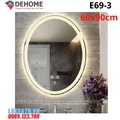 Gương led nguồn cảm ứng đồng hồ đơn nhiệt độ hình elip 60x90cm Dehome E69-3