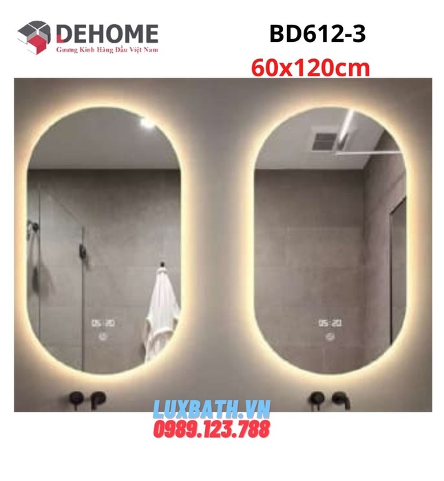 Gương led nguồn cảm ứng đồng hồ nhiệt độ 60x120cm Dehome BD612-3