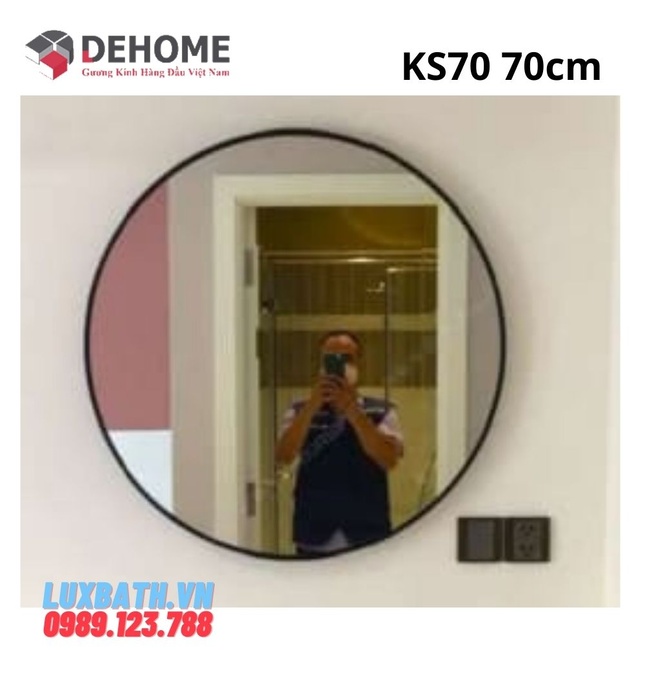 Gương khung sơn tĩnh điện hình tròn màu trắng 70cm Dehome KS70 