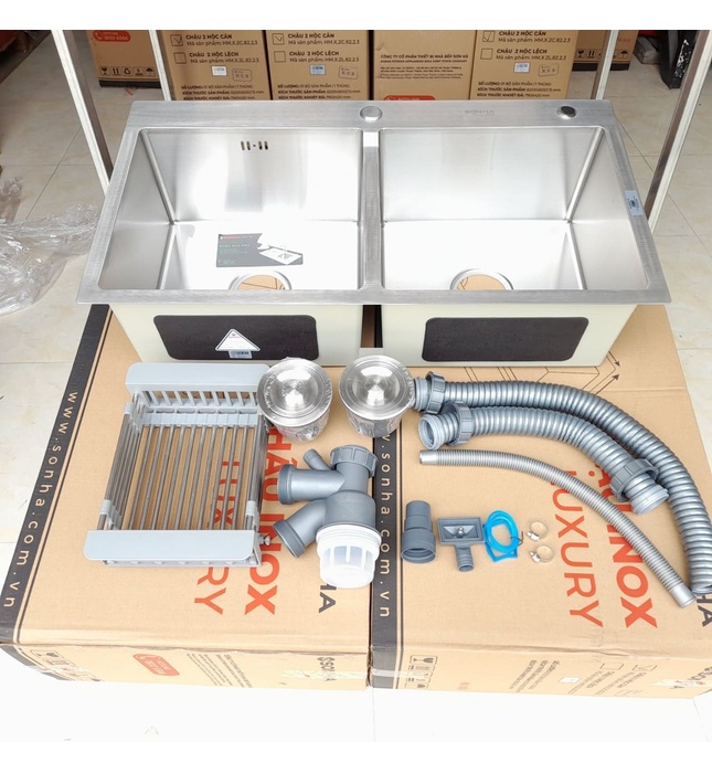 Chậu Rửa Bát Inox 304 Đúc 2 hố cân Sơn Hà HM.X.2C.82.2.3