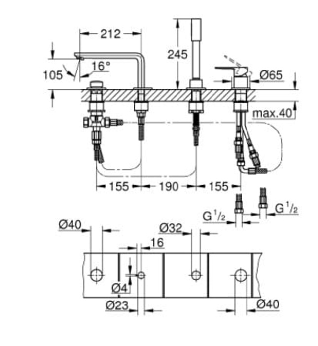 Vòi Xả Bồn Tắm 4 Lỗ Gắn Bồn Đức Grohe 19577001