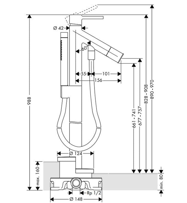 Vòi Sen Bồn Tắm Nóng Lạnh Đặt Sàn Đức Axor Starck. 10456020