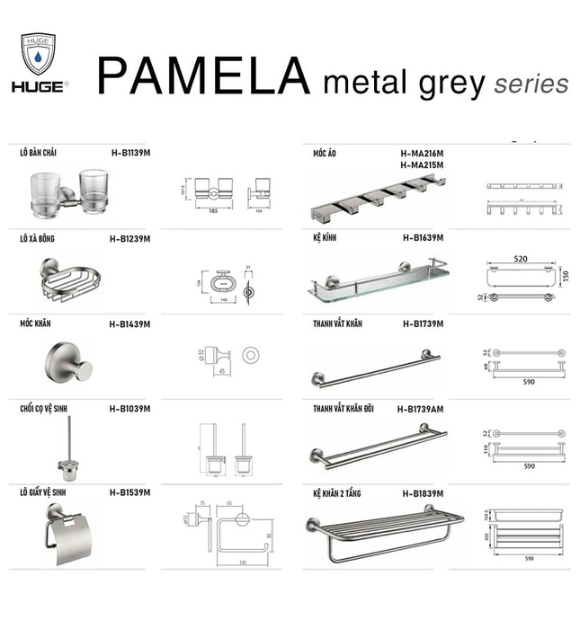 Bộ Phụ Kiện Nhà Tắm Huge Pamela metal grey