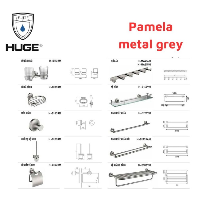 Bộ Phụ Kiện Nhà Tắm Huge Pamela metal grey