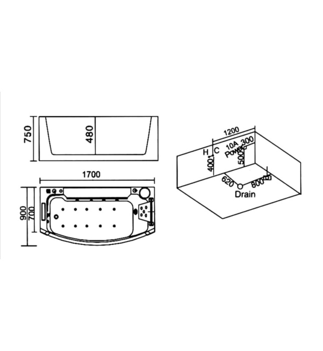 Bồn Tắm Massage Yếm Trái Huge B-2201L