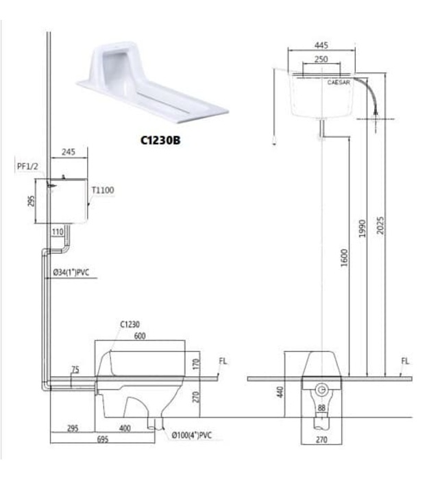 Bồn Cầu Xổm Caesar C1230B (Mẫu mới) 