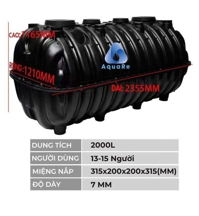 Bể Phốt Tự Hoại Thông Minh 3 Ngăn Septic AquaRe 2000L Ngang AQ 2000SE N