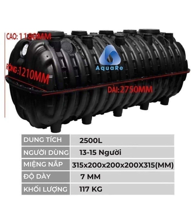 Bể Phốt Tự Hoại 3 Ngăn Septic AquaRe 2500L Ngang AQ 2500SE N