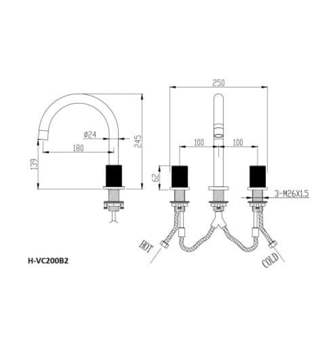 Vòi chậu Lavabo nóng lạnh 3 lỗ Huge H-VC200B2