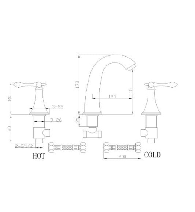 Vòi chậu Lavabo nóng lạnh 3 lỗ Huge H-W300VG