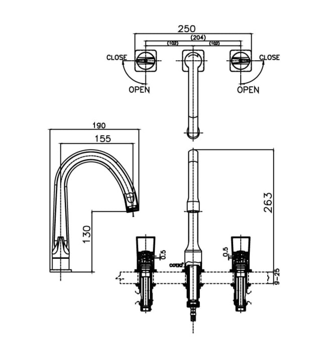 Vòi rửa mặt lavabo nóng lạnh 3 lỗ COTTO CT2282C44#CG