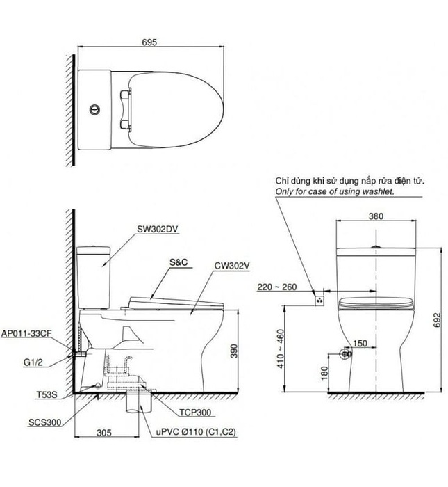 Bồn cầu 2 khối nắp rửa cơ TOTO CS302DE4