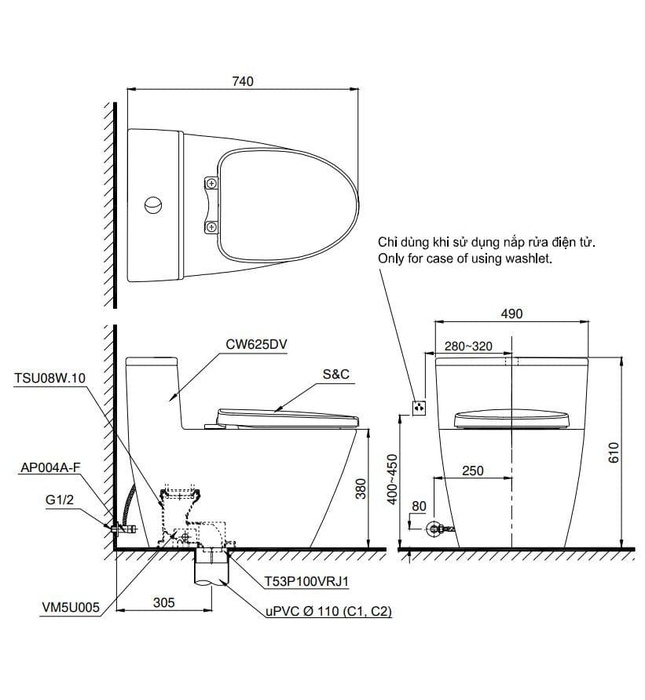Bồn cầu 2 khối nắp rửa điện tử TOTO CS326DW14