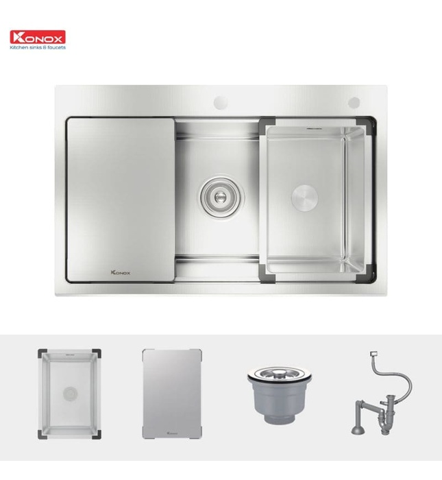 Chậu rửa bát đúc 1 hố chống xước Konox KN8151TS Dekor Full
