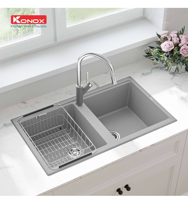 Chậu rửa bát đá 2 hố cân Konox Phoenix Smart 860 Grey Italy