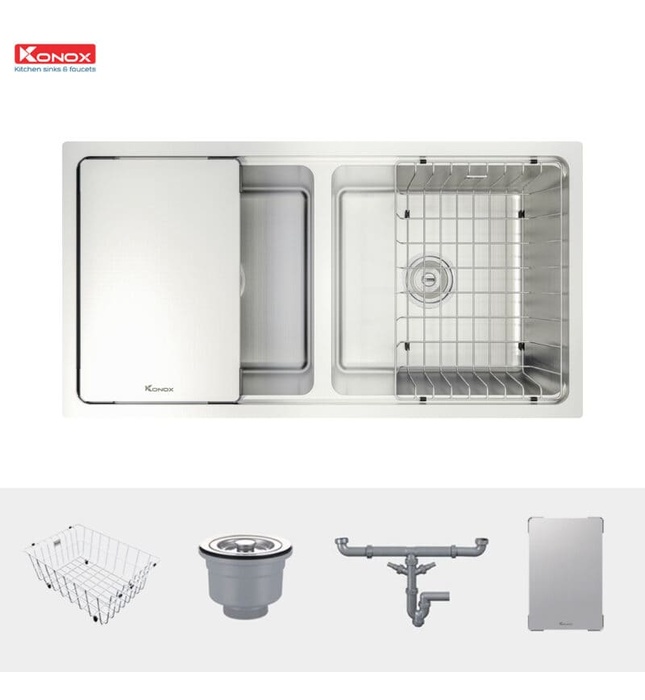 Chậu rửa bát âm 2 hố cân chống xước Konox KN8646DU Dekor Full