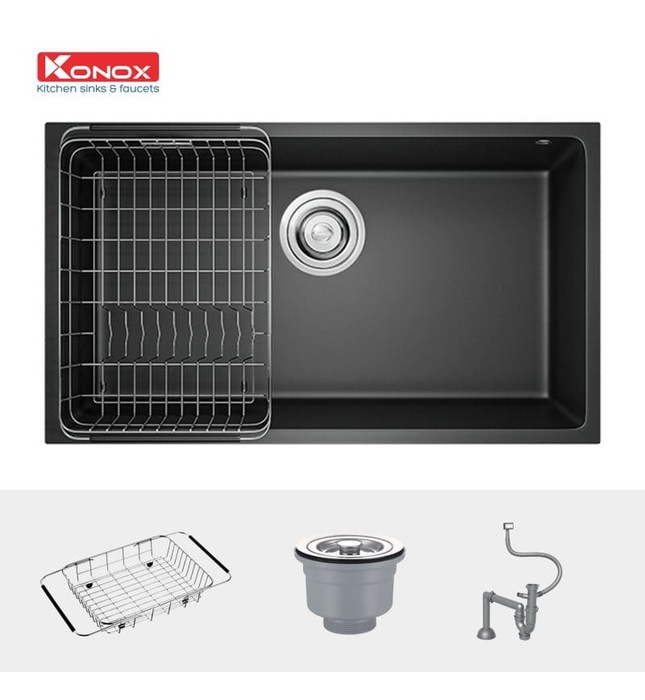 Chậu rửa bát đá âm 1 hố Konox Naros 760S Black Đen Italy