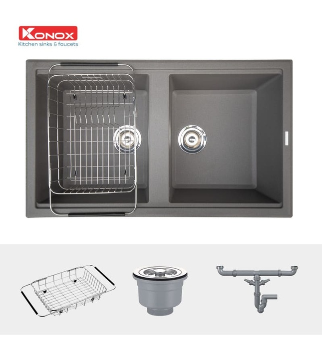 Chậu rửa bát đá 2 hố cân Konox Phoenix Smart 860 Grey Italy