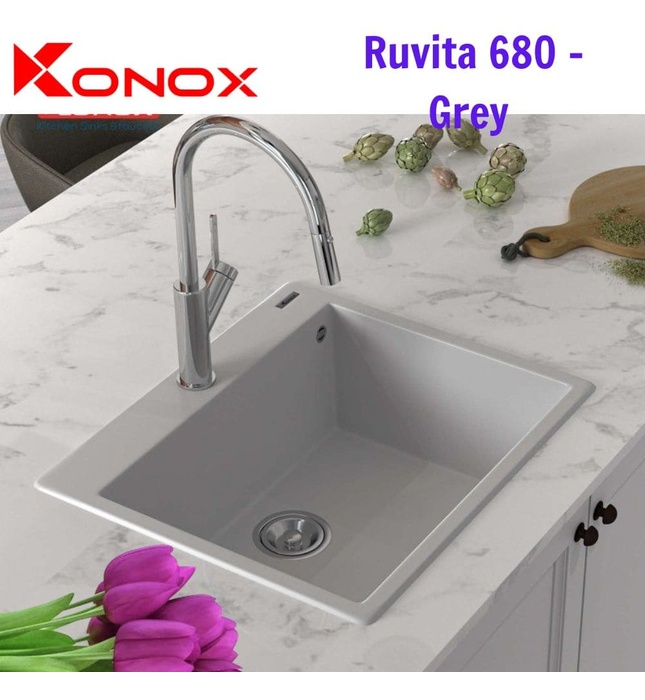 Chậu rửa bát 1 hố đá nhân tạo Konox Ruvita 680 Grey Xám Italy