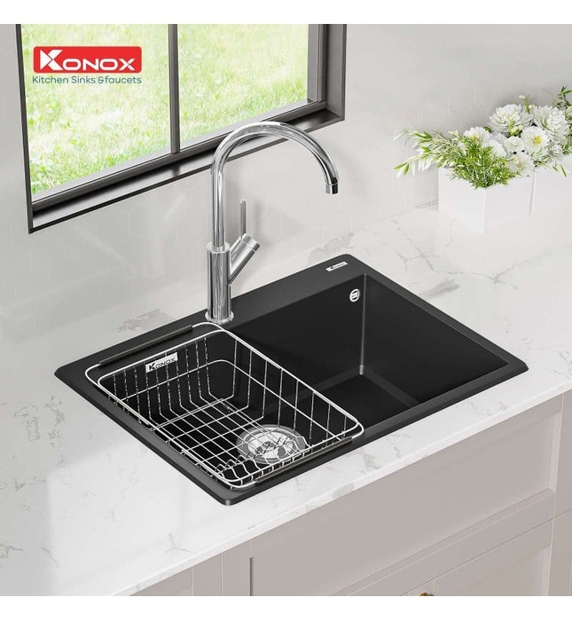 Chậu rửa bát 1 hố đá nhân tạo Konox Ruvita 680 Black Đen Italy