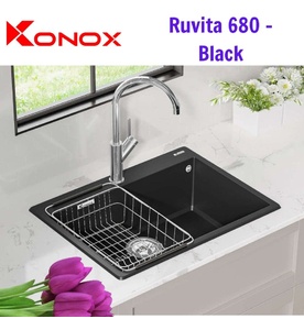 Chậu rửa bát 1 hố đá nhân tạo Konox Ruvita 680 Black Đen Italy