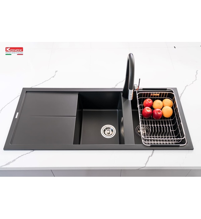 Chậu rửa bát đá 2 hố 1 bàn Konox Livello Smart 1160 Black Italy