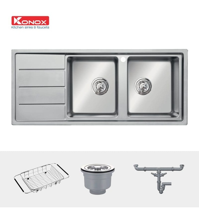 Chậu rửa bát âm 2 hố 1 bàn trái phải Konox Beta 1160 Thổ Nhĩ Kỳ