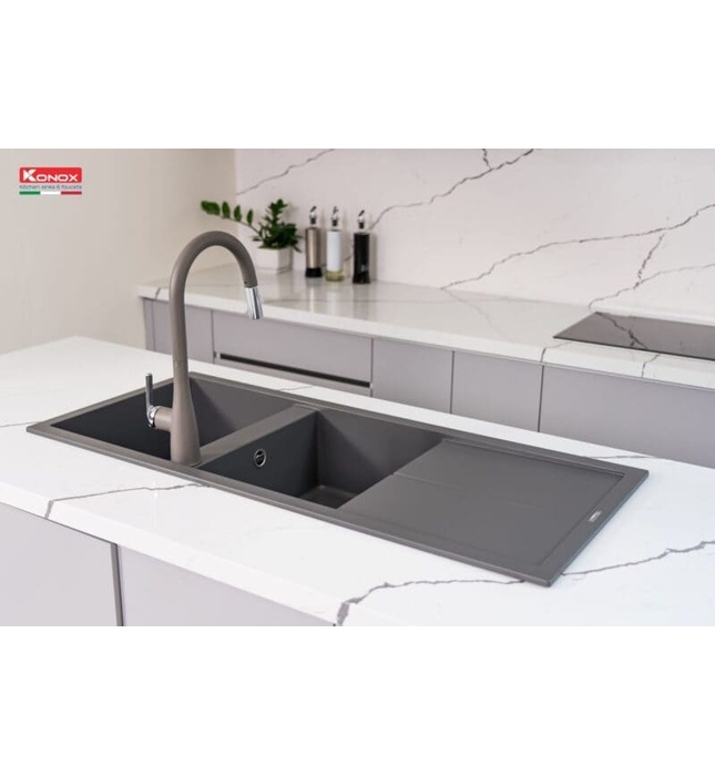 Chậu rửa bát đá 2 hố 1 bàn Konox Livello Smart 1160 Grey Italy