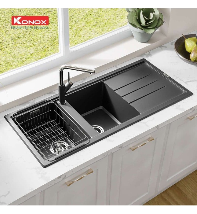 Chậu rửa bát đã 2 hố 1 bàn trái phải Konox Phoenix 1160 Black Italy