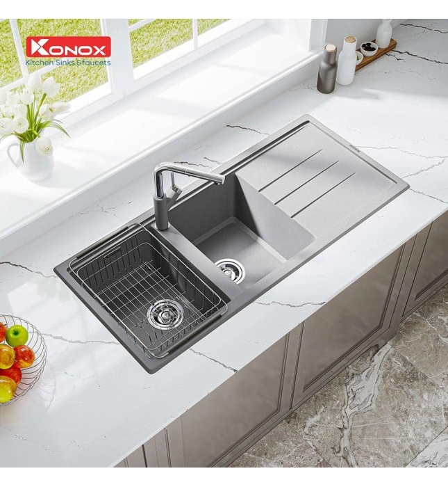Chậu rửa bát đá 2 hố 1 bàn trái phải Konox Phoenix 1160 Grey Italy