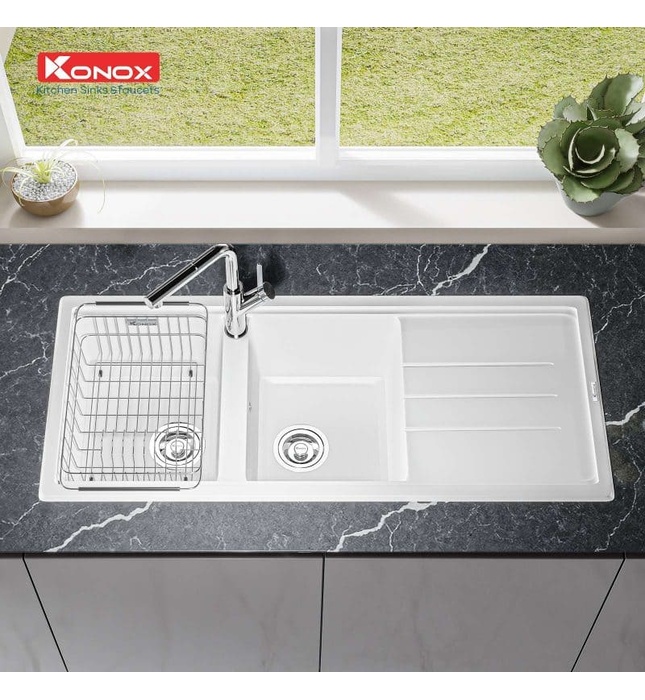 Chậu rửa bát đá 2 hố cân Konox Phoenix 1160 White Silver Italy