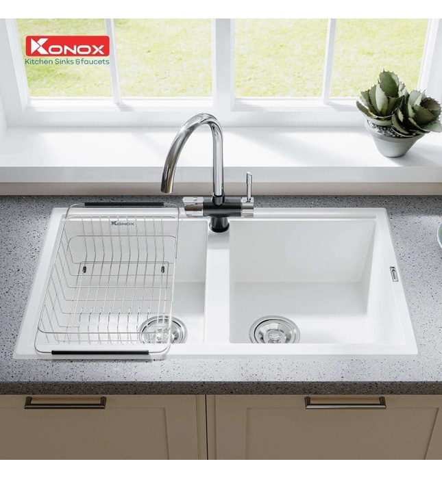 Chậu rửa bát đá 2 hố cân Konox Phoenix 860 White Silver Italy