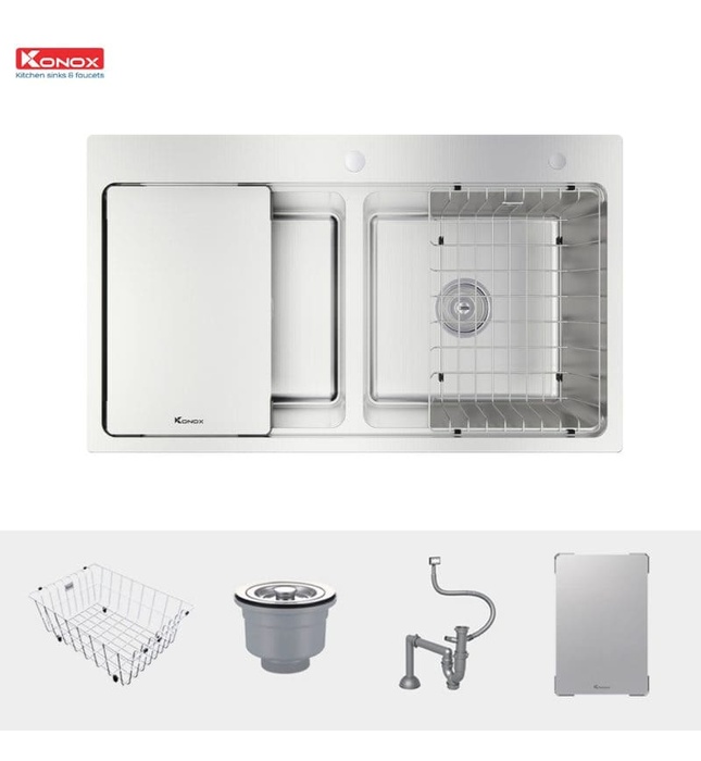 Chậu rửa bát 2 hố cân chống xước Konox KN8651TD Dekor Full