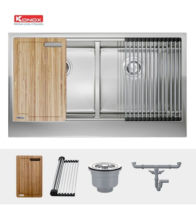 Chậu rửa bát âm đúc 2 hố cân Konox KN8751DA Retta