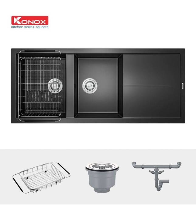 Chậu rửa bát đá 2 hố 1 bàn Konox Livello Smart 1160 Black Italy