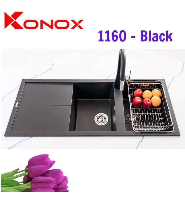 Chậu rửa bát đá 2 hố 1 bàn Konox Livello Smart 1160 Black Italy